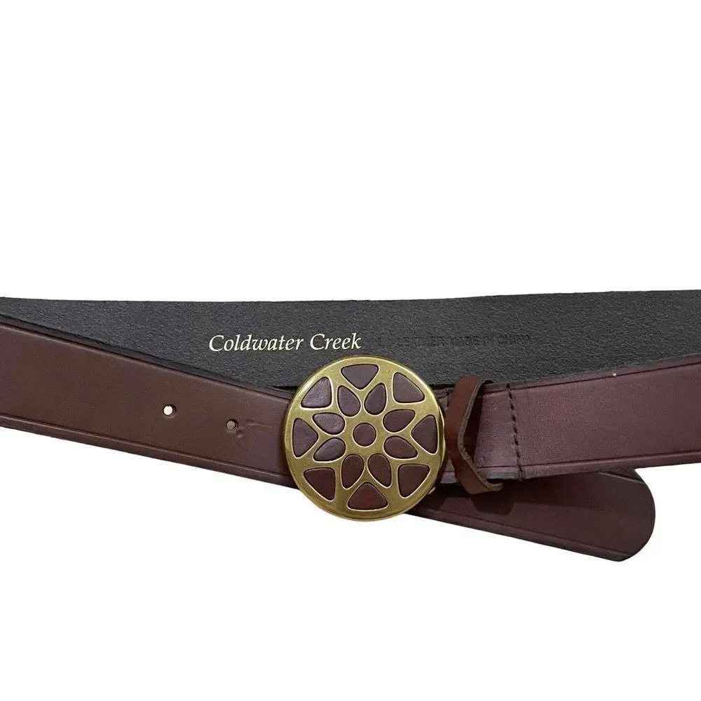Coldwater Creek leather belt round brass tooled buckle Size L brown boho western